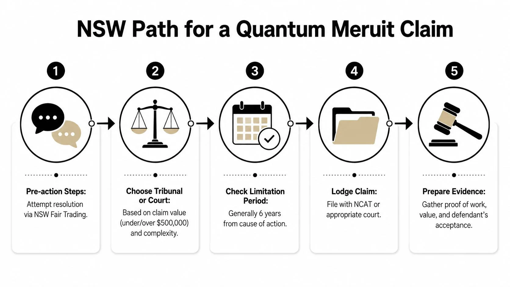 A five-step flowchart illustrating the legal process for filing a quantum meruit claim in NSW, Australia.