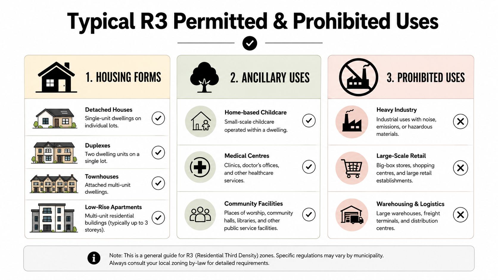 An infographic detailing typical permitted and prohibited land uses for R3 residential zoning districts.