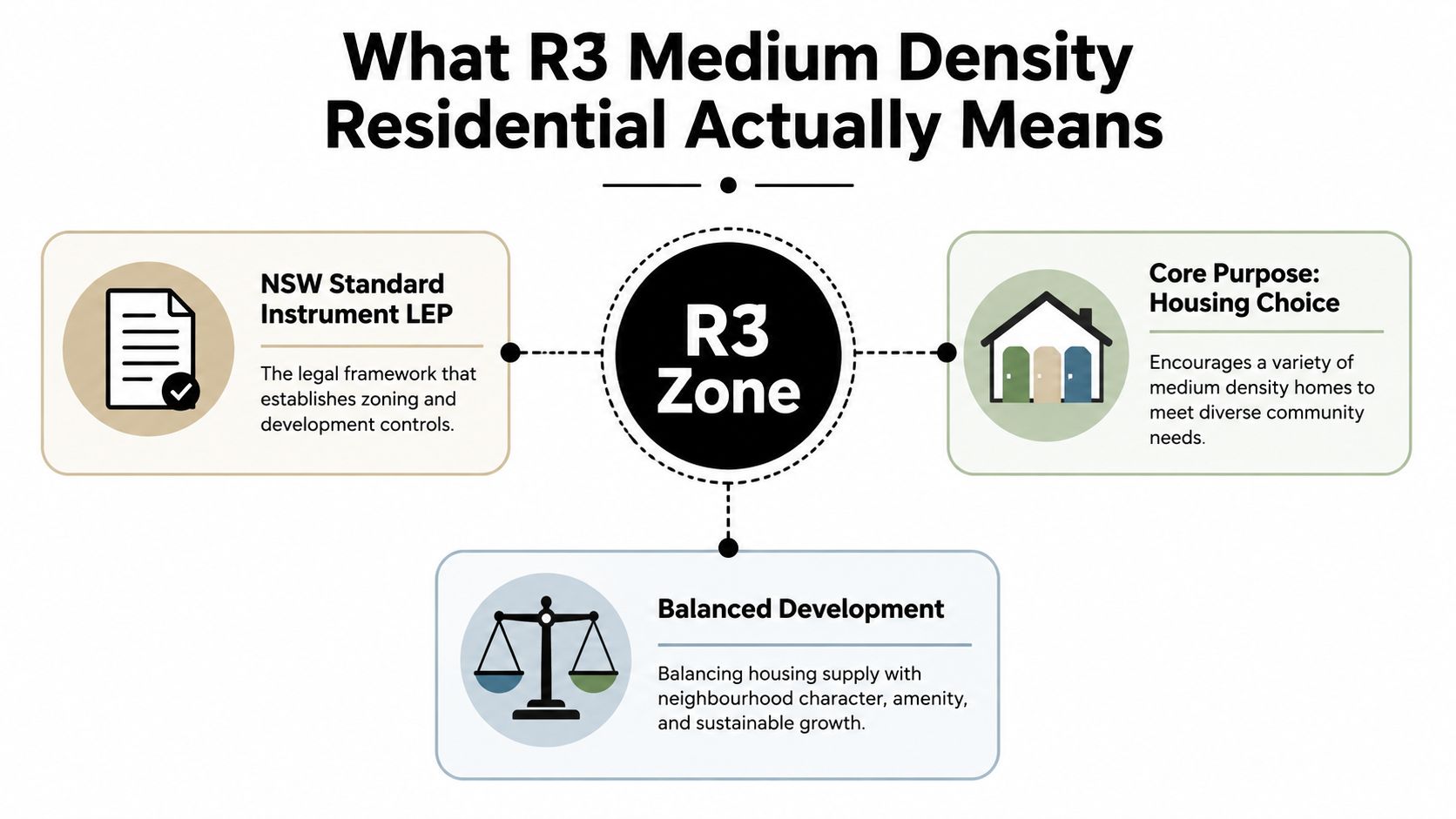 A diagram explaining the R3 Medium Density Residential zoning, highlighting its purpose, legal framework, and development goals.