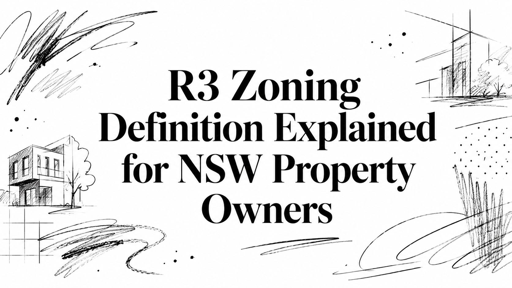 Banner-style image with the title: "R3 Zoning Definition Explained for NSW Property Owners" and sketchy architectural drawings on white background, indicating an explanatory article about zoning.