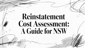 Cover slide: 'Reinstatement Cost Assessment: A Guide for NSW' with abstract black brush strokes in the background, no people or objects visible.