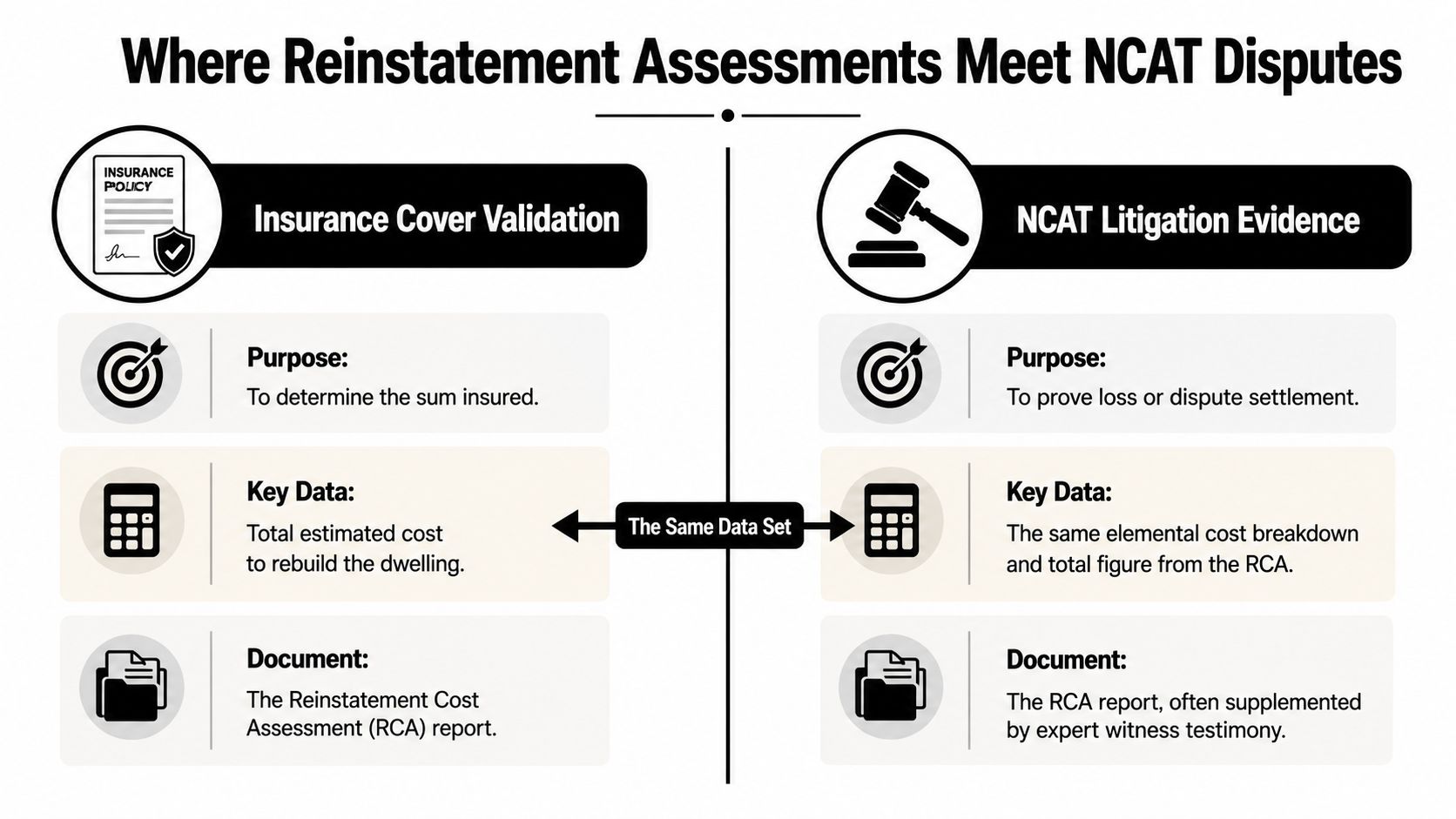 A comparison infographic showing how Reinstatement Cost Assessment data applies to both insurance validation and NCAT dispute litigation.