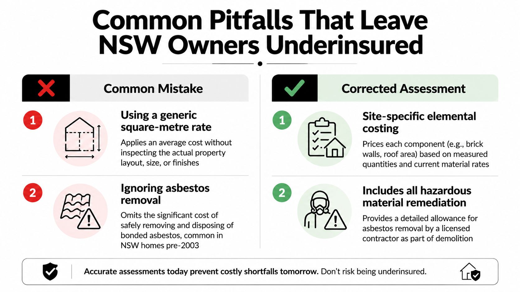 An infographic comparing common mistakes in property valuation to accurate, site-specific reinstatement cost assessments for NSW owners.