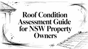 Title: Roof Condition Assessment Guide for NSW Property Owners, surrounded by hand-drawn roof sketches in corners.