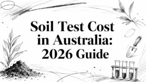 Banner reading 'Soil Test Cost in Australia: 2026 Guide' with hand-drawn soil mound, plants, test tubes and a trowel in a sketch style.