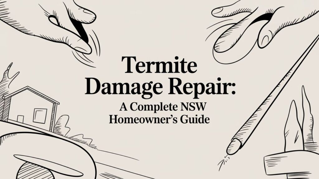 Guide cover: 'Termite Damage Repair: A Complete NSW Homeowner’s Guide' with hand-drawn outlines of hands, a small house, and a pencil.
