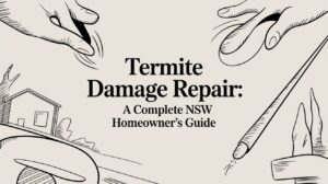 Guide cover: 'Termite Damage Repair: A Complete NSW Homeowner’s Guide' with hand-drawn outlines of hands, a small house, and a pencil.