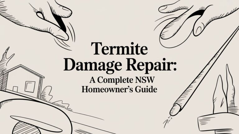 Guide cover: 'Termite Damage Repair: A Complete NSW Homeowner’s Guide' with hand-drawn outlines of hands, a small house, and a pencil.