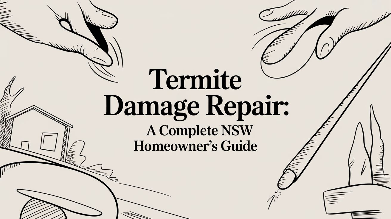 Guide cover: 'Termite Damage Repair: A Complete NSW Homeowner’s Guide' with hand-drawn outlines of hands, a small house, and a pencil.