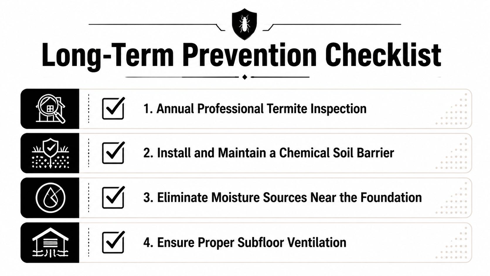 A long-term termite prevention checklist featuring four essential steps for protecting homes from termite damage.
