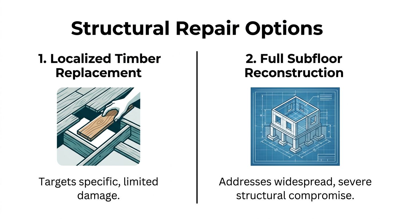 An infographic comparing localized timber replacement and full subfloor reconstruction for structural repair options.