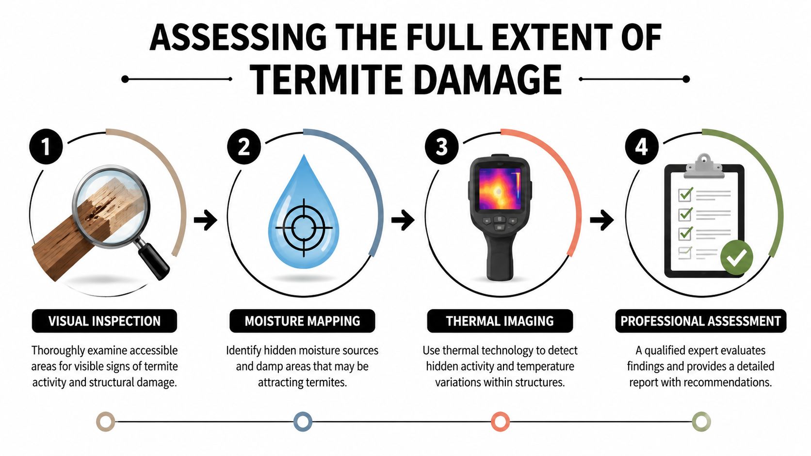 A four-step infographic illustrating the professional process for assessing termite damage in home and building structures.