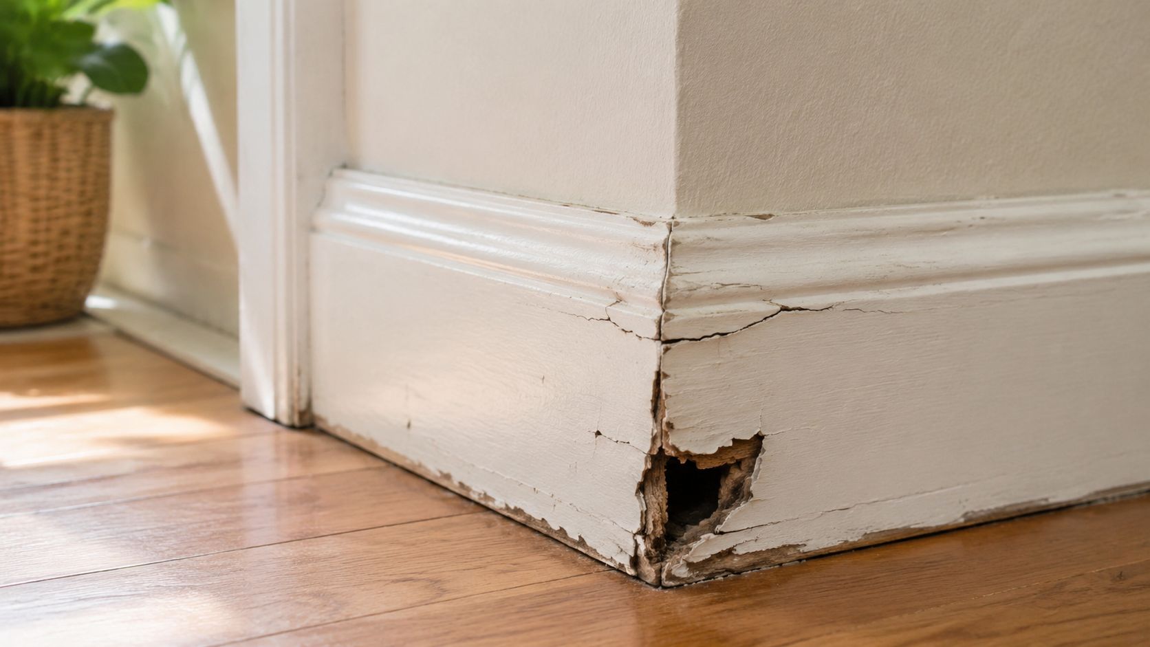 A close-up view of severely damaged white wooden baseboards in a room corner showing termite destruction