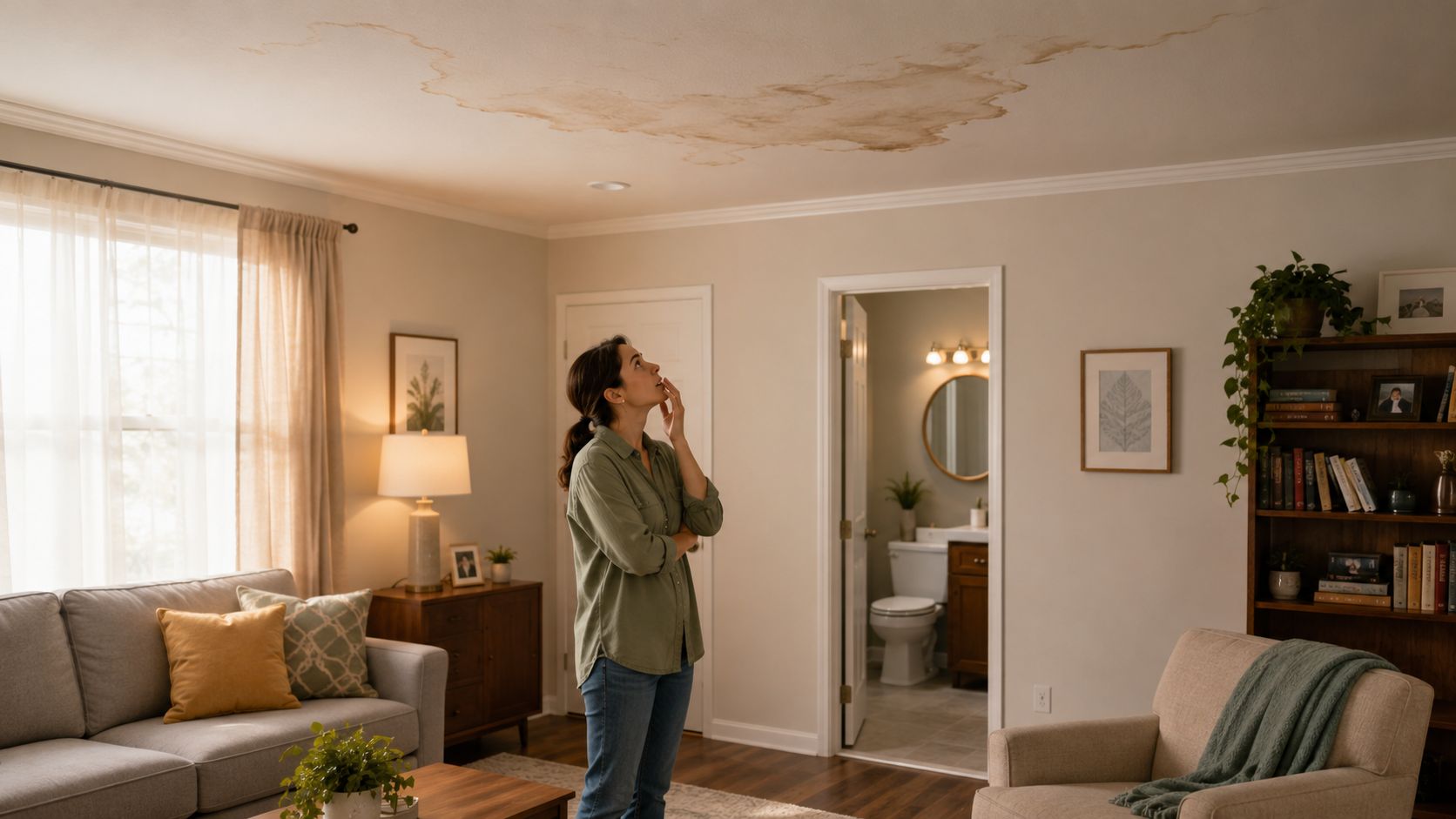 A concerned woman standing in her living room looking up at a large water stain on the ceiling.