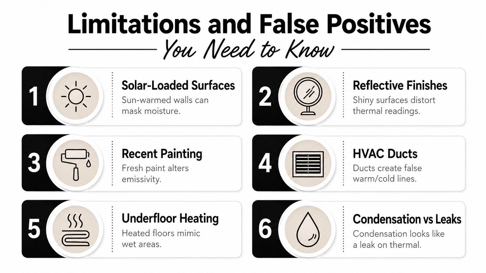 An infographic listing six common limitations and false positives encountered during professional thermal imaging moisture inspections.