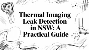 Banner with the title 'Thermal Imaging Leak Detection in NSW: A Practical Guide' and hand-drawn plumbing/tool sketches around it, conveying focus on leak detection.
