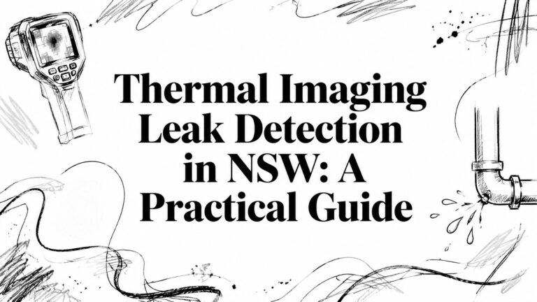 Banner with the title 'Thermal Imaging Leak Detection in NSW: A Practical Guide' and hand-drawn plumbing/tool sketches around it, conveying focus on leak detection.