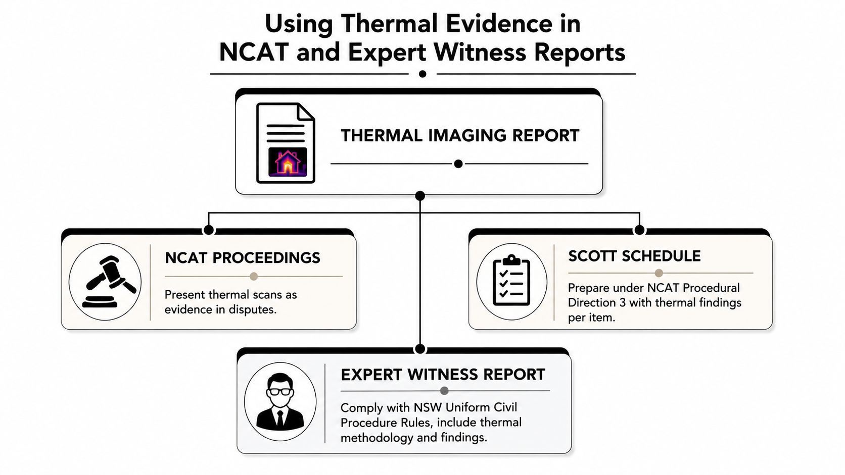 A diagram illustrating how thermal imaging reports are used within NCAT proceedings and expert witness reports.