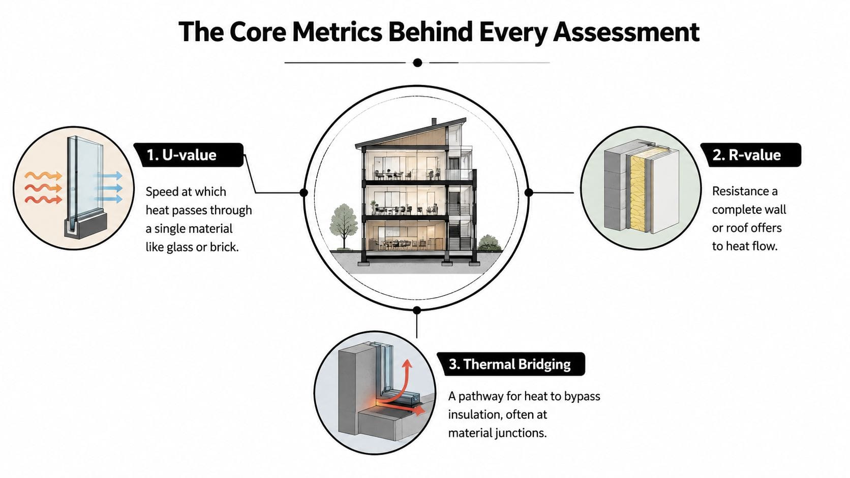 A diagram illustrating three core building performance metrics: U-value, R-value, and thermal bridging for energy assessments.