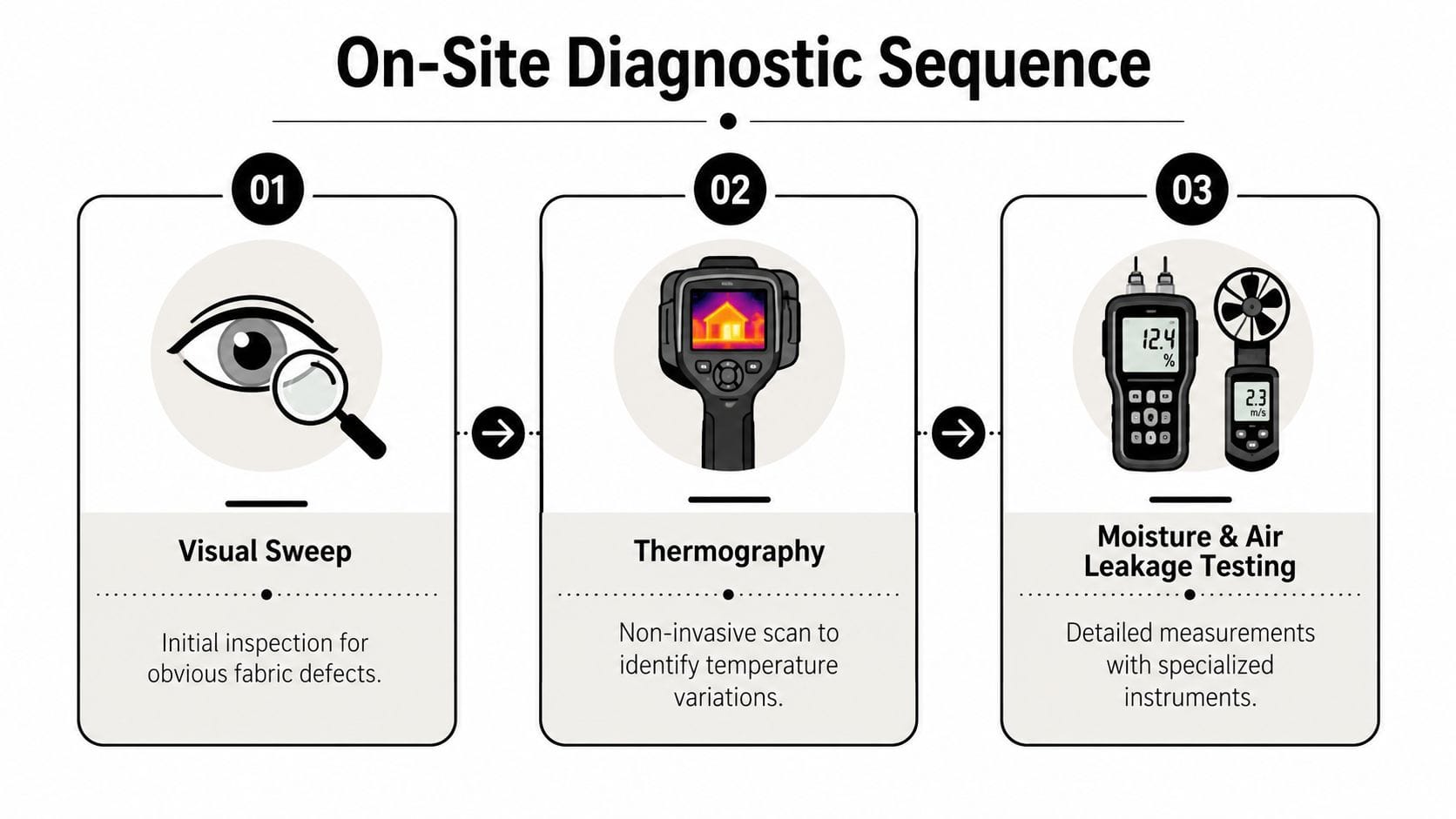 An infographic titled On-Site Diagnostic Sequence showing three steps: visual sweep, thermography, and moisture and air leakage testing.