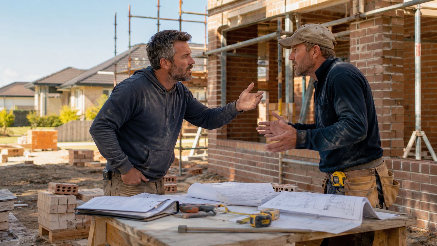 Two construction workers engaged in a tense discussion over project blueprints at an active building site.