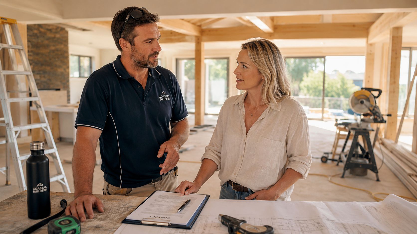 A professional builder and a client reviewing construction project blueprints and a contract at a job site.