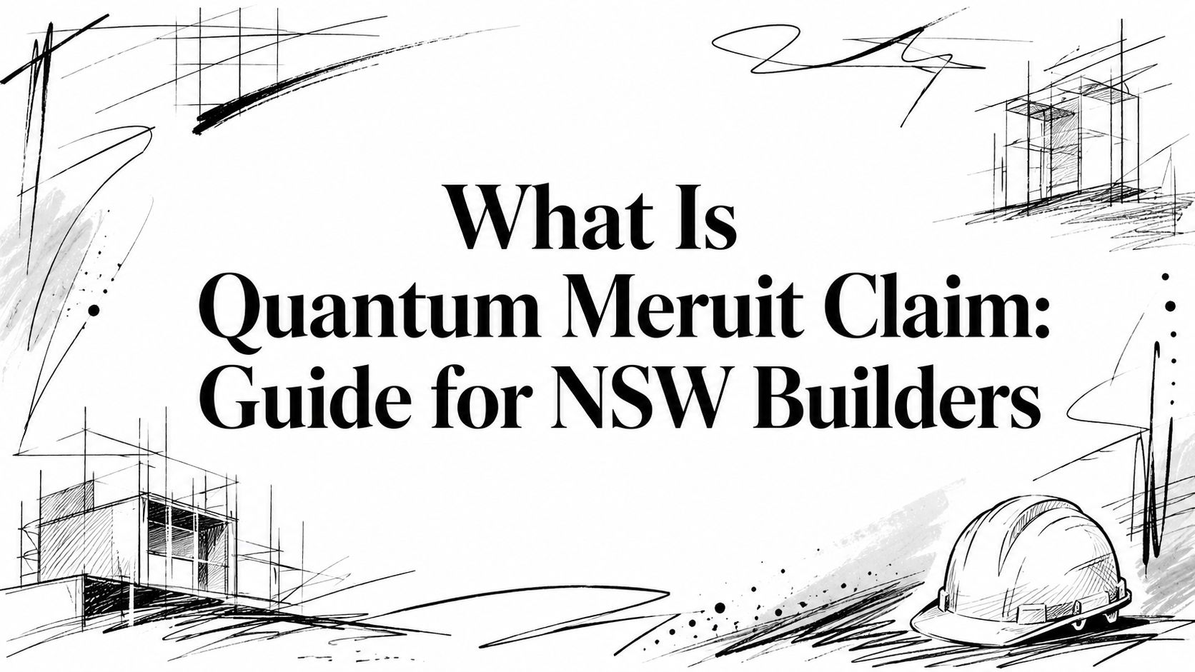 Title banner: 'What Is Quantum Merit Claim: Guide for NSW Builders' with construction sketches and a hard hat in a monochrome design.