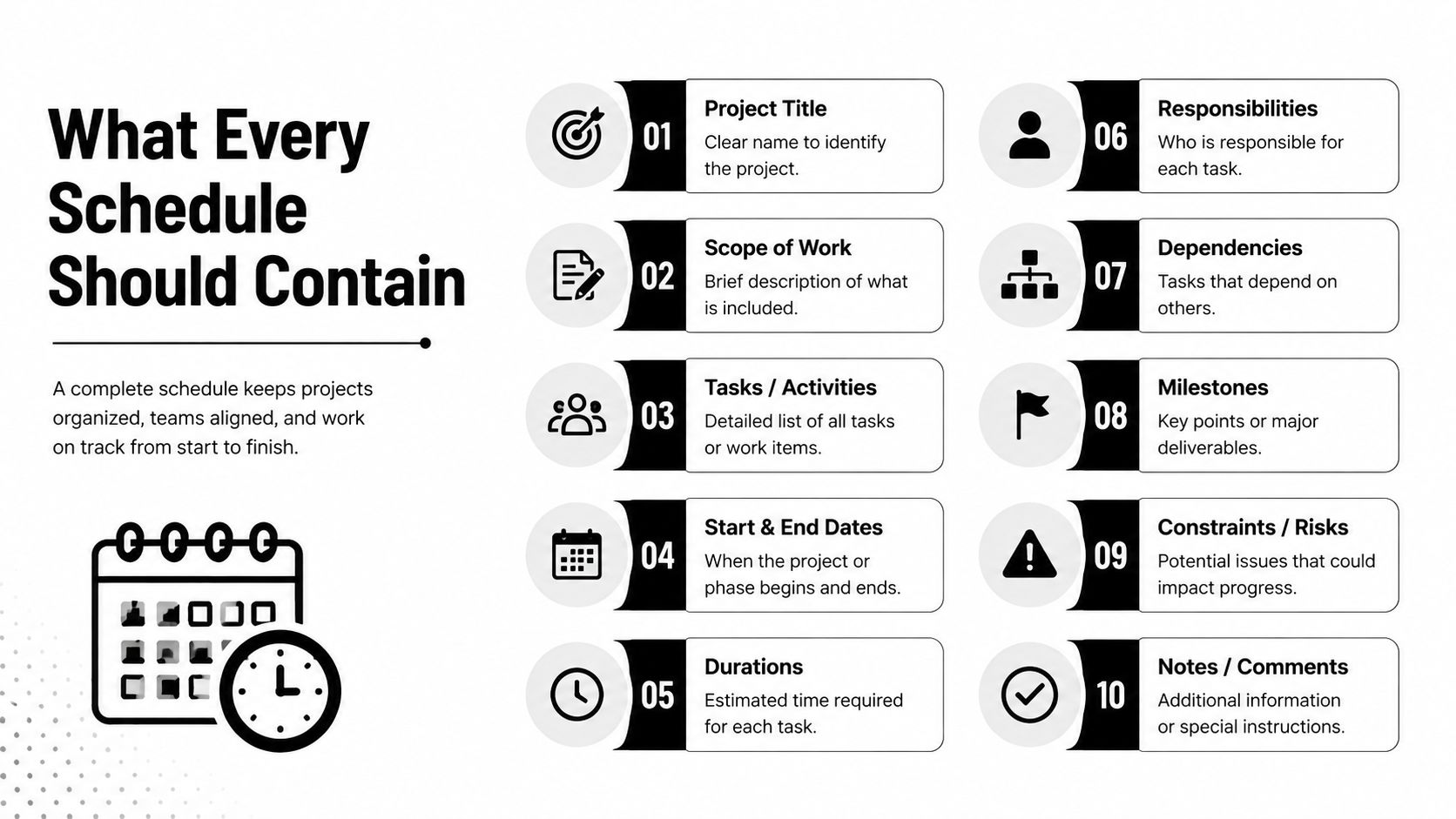 A professional infographic titled What Every Schedule Should Contain, listing ten essential elements for effective project scheduling.