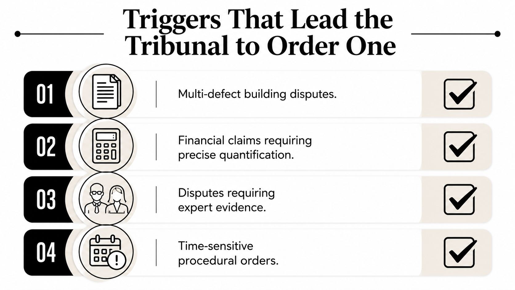 A list of four triggers for a tribunal to order a Scott schedule in building disputes.