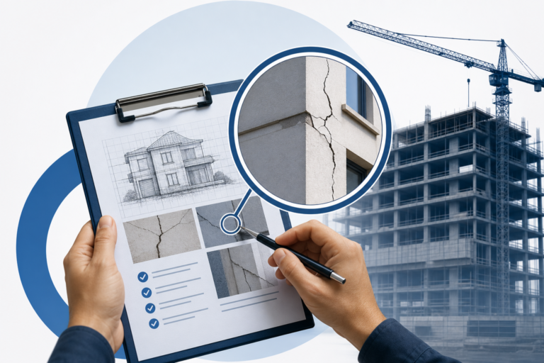 0952569d-25ea-4e7a-b3f2-519d47ffdc53 - Awesim Building Consultants Clipboard with architectural sketches; a hand points to cracked wall sections on the plan.