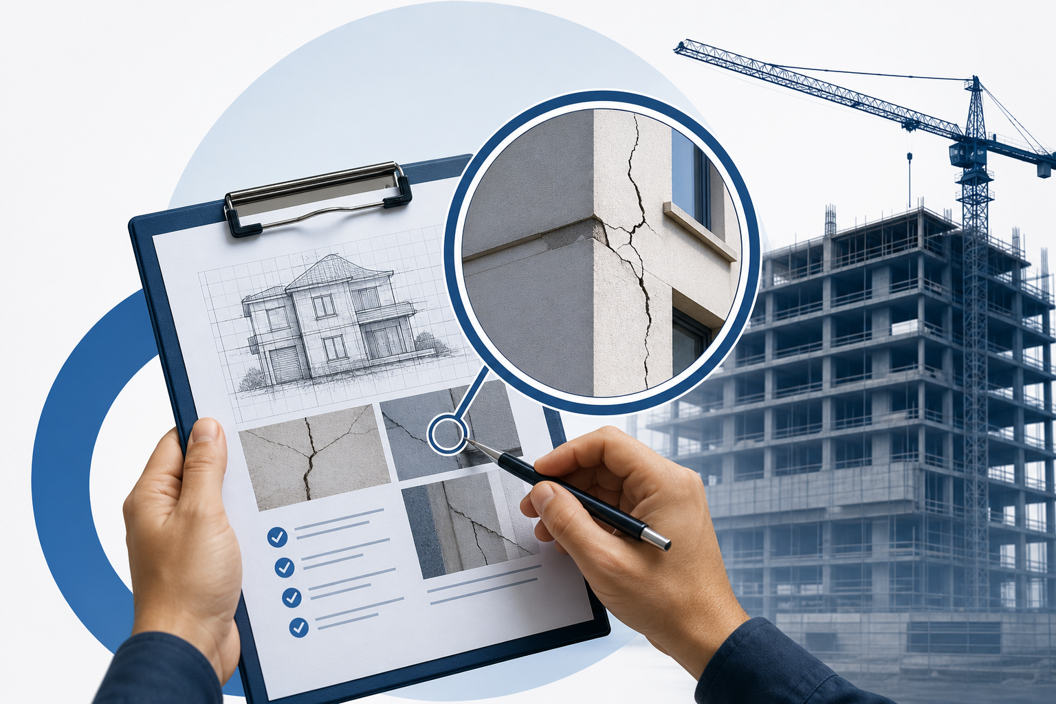 Clipboard with architectural sketches; a hand points to cracked wall sections on the plan.