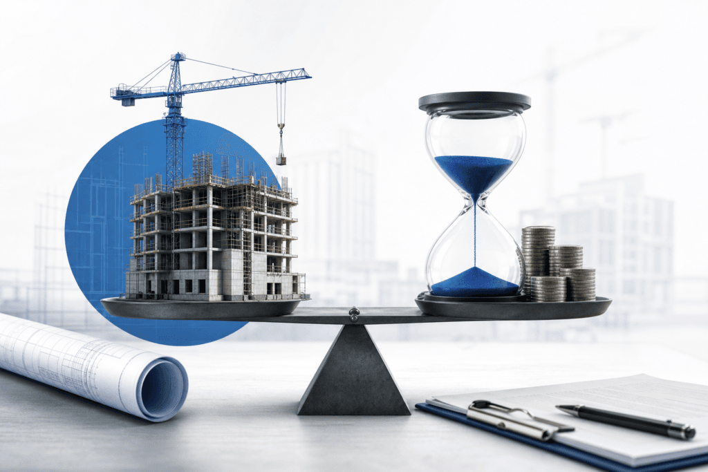 Scale balancing a construction site with a crane and building on the left and an hourglass with blue sand and coins on the right, blue circular backdrop behind the crane
