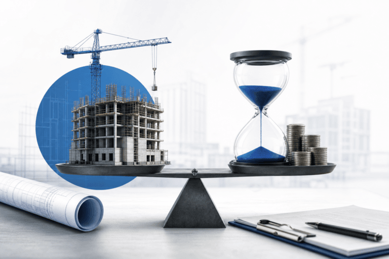 Scale balancing a construction site with a crane and building on the left and an hourglass with blue sand and coins on the right, blue circular backdrop behind the crane