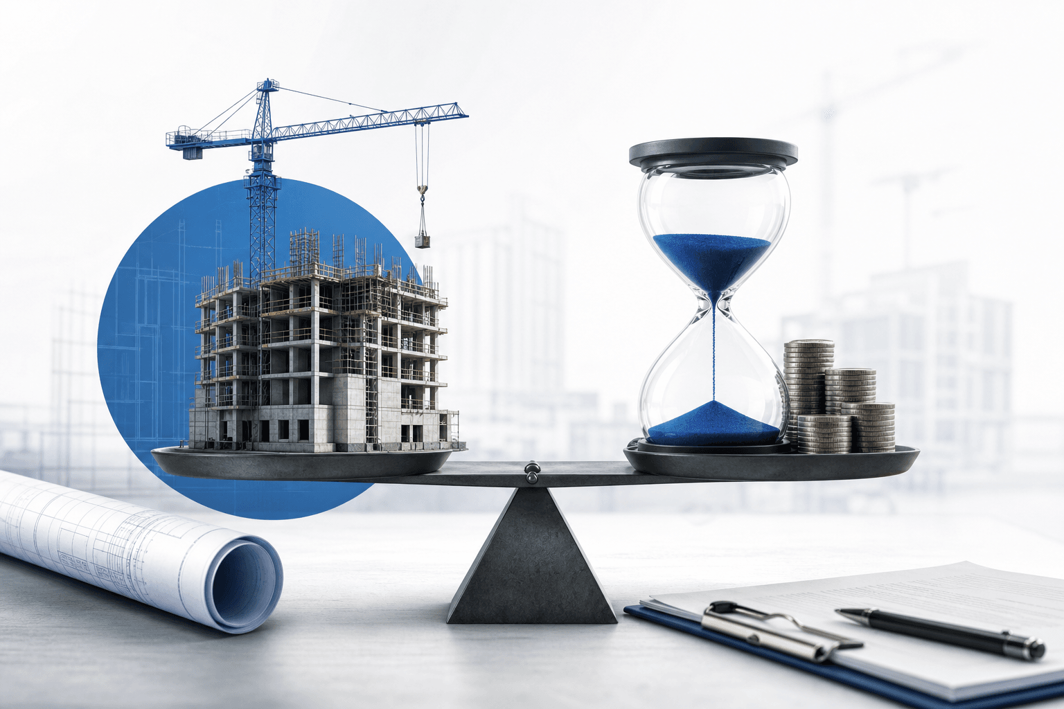 Scale balancing a construction site with a crane and building on the left and an hourglass with blue sand and coins on the right, blue circular backdrop behind the crane