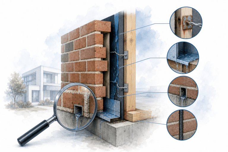 Construction brick wall with water leakage, showing exterior drainage and flashing; four circular insets zoom in on leaks and metal details.