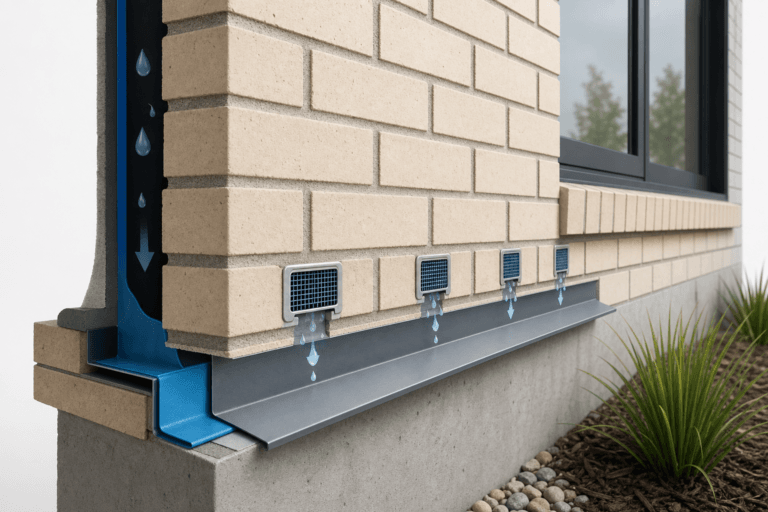 Cross-section of a brick wall showing a blue drainage channel and five small vent grates along the foundation with water dripping from each into a metal trough.