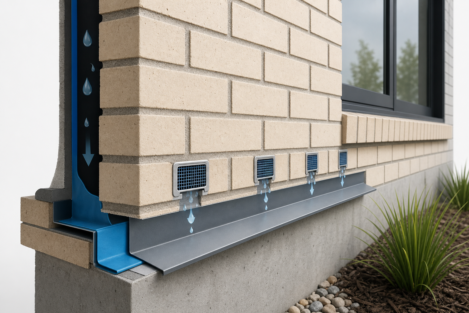 Cross-section of a brick wall showing a blue drainage channel and five small vent grates along the foundation with water dripping from each into a metal trough.