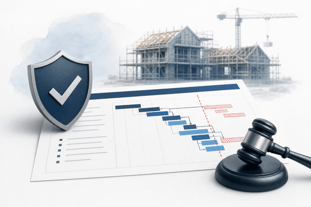 Blue shield with a checkmark beside a construction site and a gavel resting on a project timeline chart, symbolizing safety and compliance in construction.