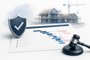 1d383f75-f0e2-47ca-a2a1-25a81cc25f72 - Awesim Building Consultants Blue shield with a checkmark beside a construction site and a gavel resting on a project timeline chart, symbolizing safety and compliance in construction.