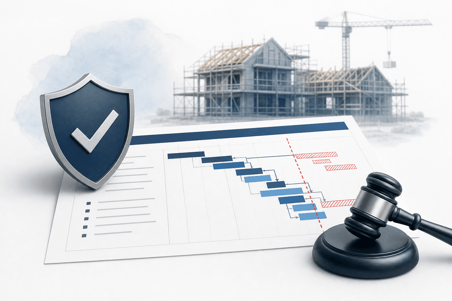 Blue shield with a checkmark beside a construction site and a gavel resting on a project timeline chart, symbolizing safety and compliance in construction.
