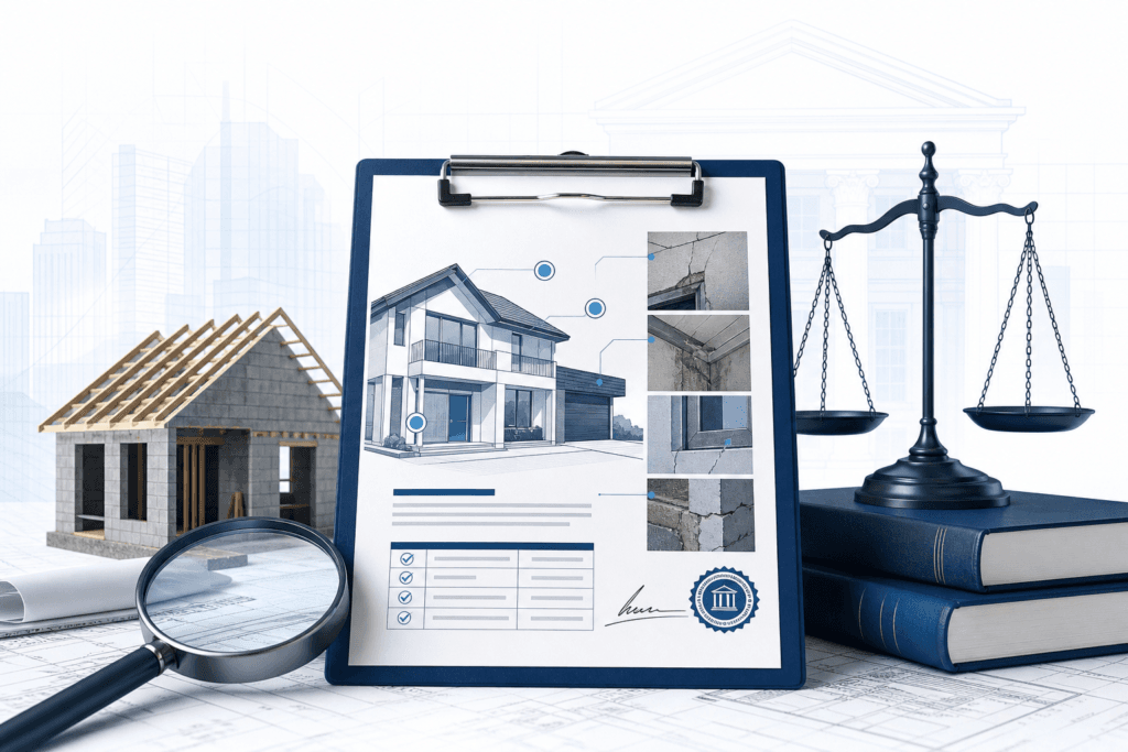 Clipboard with a house blueprint, inspection photos of cracks, a magnifying glass, and the scales of justice beside blue law books.