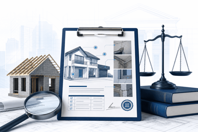Clipboard with a house blueprint, inspection photos of cracks, a magnifying glass, and the scales of justice beside blue law books.