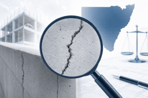 Close-up of a cracked concrete block viewed through a magnifying glass, with a construction plan and a scale in the background.