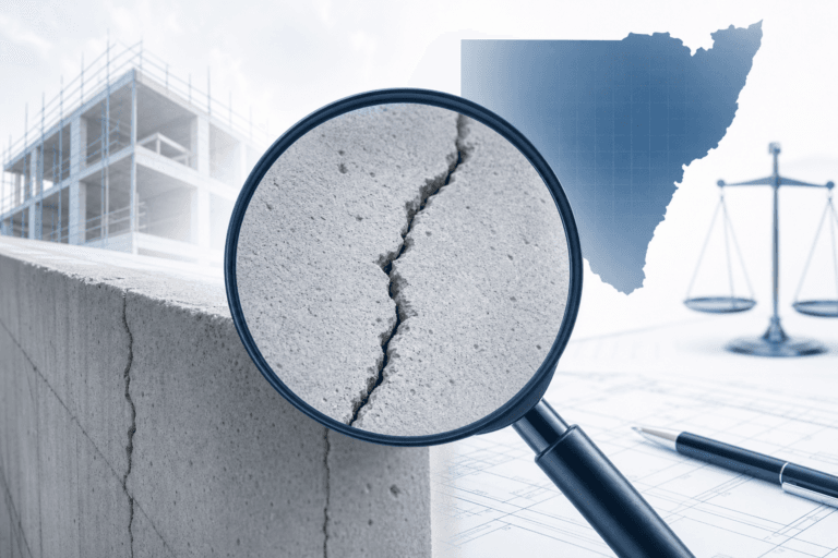Close-up of a cracked concrete block viewed through a magnifying glass, with a construction plan and a scale in the background.