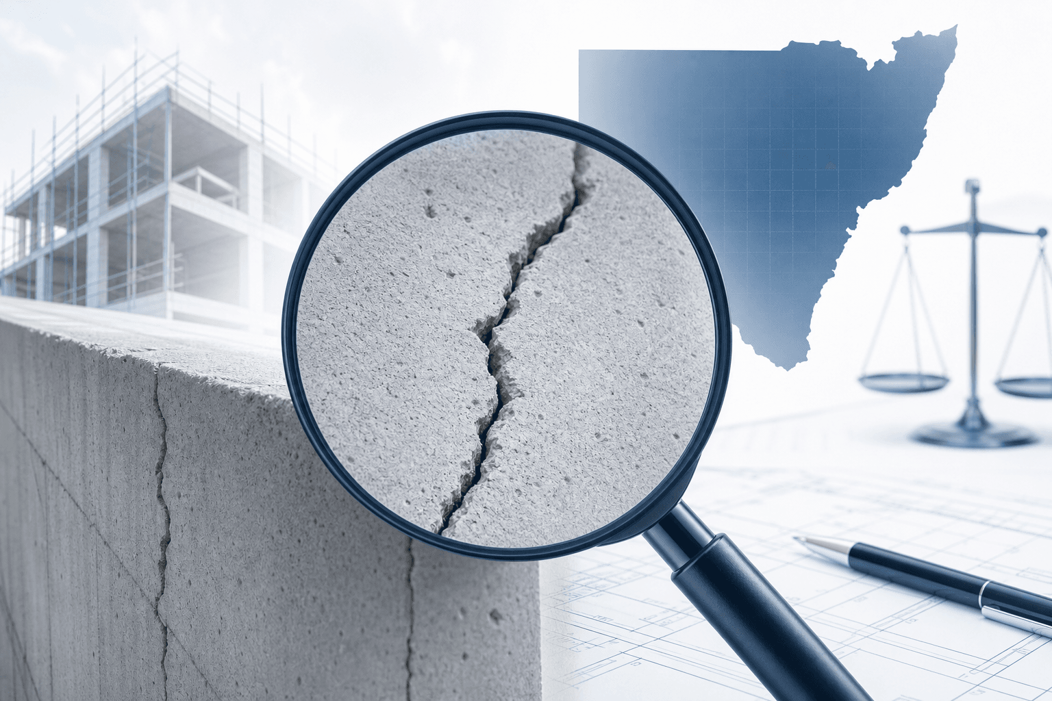 Close-up of a cracked concrete block viewed through a magnifying glass, with a construction plan and a scale in the background.