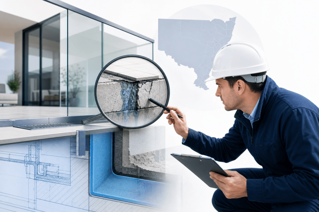 Construction inspector with hard hat uses a magnifying glass to examine a cracked concrete joint near a modern glass building, clipboard in hand.