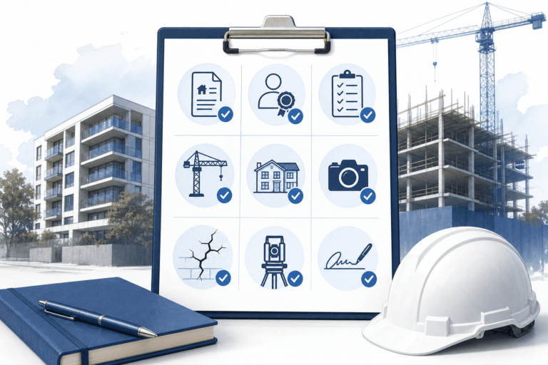 Clipboard checklist for construction projects with icons representing documents, personnel, and tasks, each with a check mark.