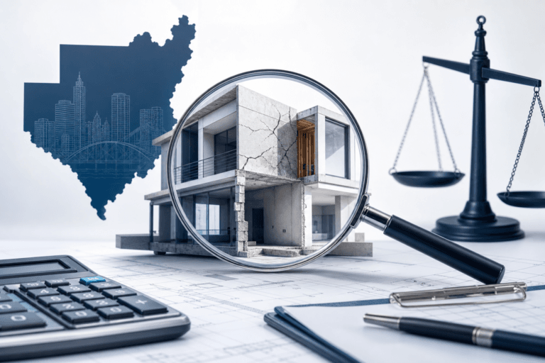 Magnifying glass over a modern, partially built house on architectural blueprints, with a calculator and pen nearby for a real estate appraisal.