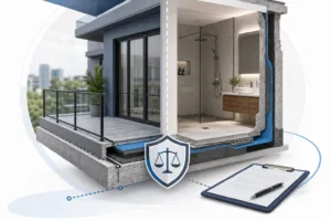 9ba9c66e-da80-4a99-8388-6c88781b3e56 - Awesim Building Consultants Cross-section of a modern apartment showing exterior balcony and interior bathroom, with a shield symbol and a clipboard representing home insurance/safety.