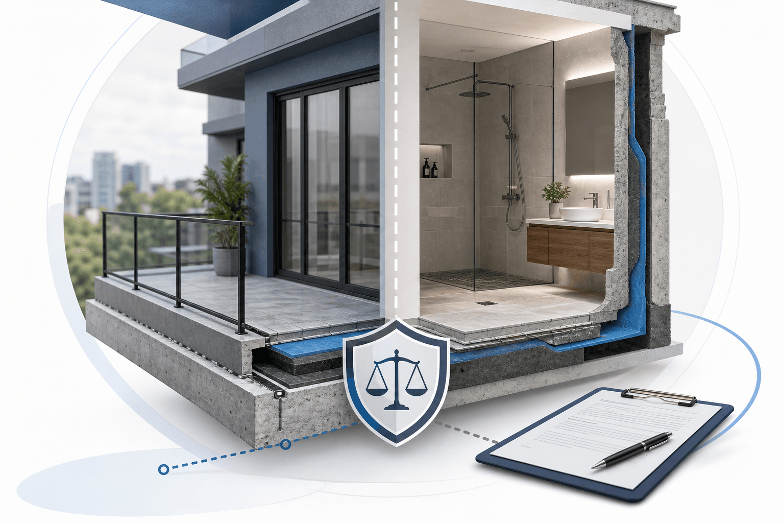 Cross-section of a modern apartment showing exterior balcony and interior bathroom, with a shield symbol and a clipboard representing home insurance/safety.